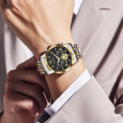Miniatura 3 de OLEVS Relojes para hombre de acero inoxidable con cronógrafo, reloj de pulsera grande analógico de cuarzo, relojes de vestir impermeables de moda