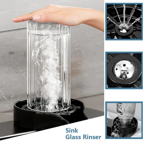 Miniatura 6 de Fregadero de cocina negro con cascada, fregadero de barra de acero inoxidable de un solo cuenco con lavavasos, fregadero de cocina de estación
