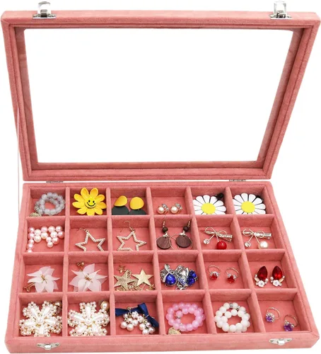 Miniatura 4 de Wudygirl Organizador de joyas, bandeja de terciopelo para joyas, caja de joyería de 24 rejillas con tapa, apilable, almacenamiento de joyas