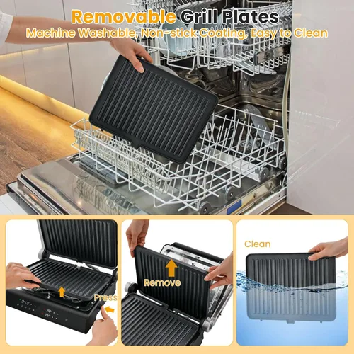 Miniatura 7 de COSTWAY Parrilla eléctrica de prensa Panini, sandwichera gourmet de 1200 W con platos antiadherentes de doble cara y bandeja de goteo extraíble