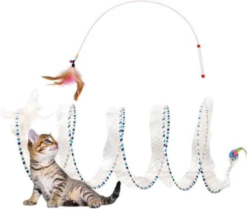 Juguete de túnel en espiral para gatos, 25.59 pulgadas desplegado con varita de gato, plegable, túnel en espiral de caza con juguetes de ratón de