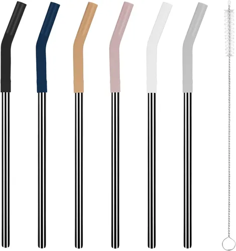 Tronco Juego de 6 pajitas de metal reutilizables de acero inoxidable con puntas flexibles de silicona, pajitas de metal para vaso Tronco Tumbler, 6
