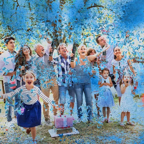 Miniatura 6 de Cañones de polvo de confeti para revelación de género, biodegradables, poppers de revelación de género azul para niño y rosa para niña - Bomba