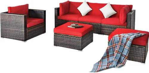 HAPPYGRILL Juego de muebles de mimbre de ratán para exteriores, juego de sofá modular de mimbre con cojines suaves, mesa de café, otomana para patio