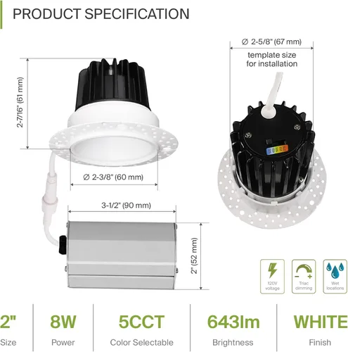 Miniatura 2 de ASD Sin moldura de 2 pulgadas de luces LED empotradas, 8W 120V redondas para uso comercial, luces regulables sin lata para techo con caja