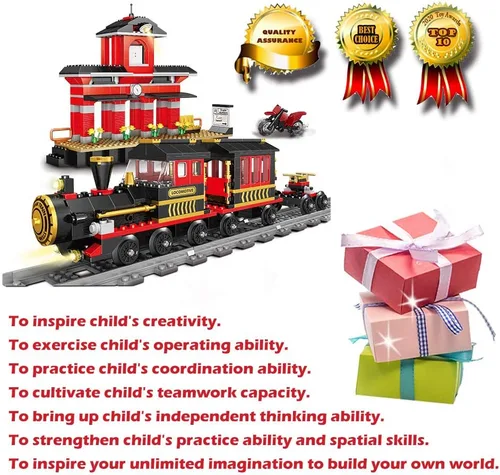 Miniatura 7 de Bloques de construcción, 583 piezas, juego de tren clásico con construcción de estación, ladrillo educativo, juguetes de aprendizaje para niños