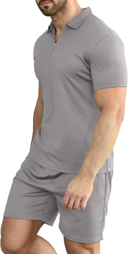 Miniatura 2 de YTD Conjunto de camisa polo y pantalones cortos casuales de manga corta para hombre, conjunto de dos piezas de verano con cremallera para hombre