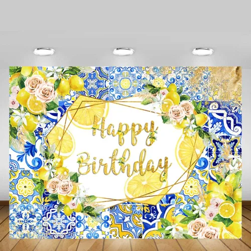 Miniatura 5 de MEHOFOND Telón de fondo de limón con diseño de feliz cumpleaños, azulejos azules, fondo mediterráneo de Marruecos, decoración de fiesta