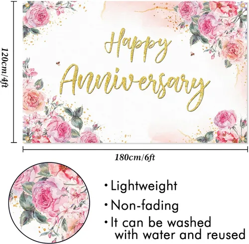 Miniatura 2 de Decoración de telón de fondo de feliz aniversario, diseño floral rosa, decoraciones temáticas de fiesta de aniversario de boda para parejas, hombres