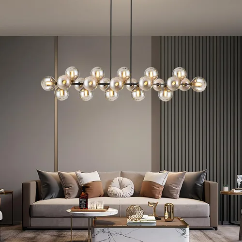 Miniatura 8 de Candelabro lineal negro Sputnik de 70 pulgadas, lámpara de comedor con 22 luces, globo de vidrio, lámpara lineal ahumada para granja, sala de estar
