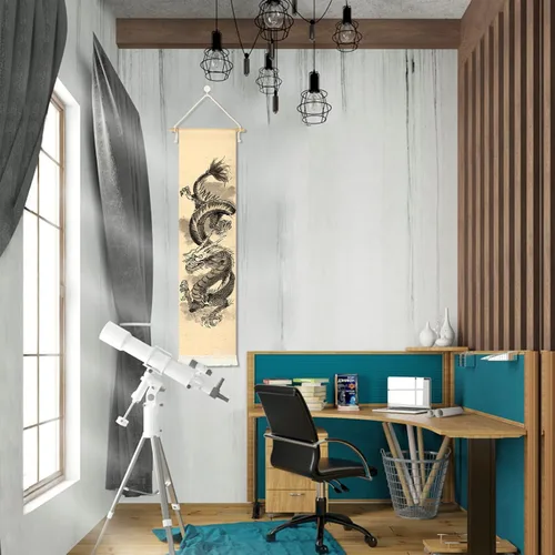 Miniatura 6 de Póster colgante de lienzo para pared, pintura de dragón chino, tinta y acuarela, tapiz de pared con efecto mitológico con 2 borlas y barra colgante
