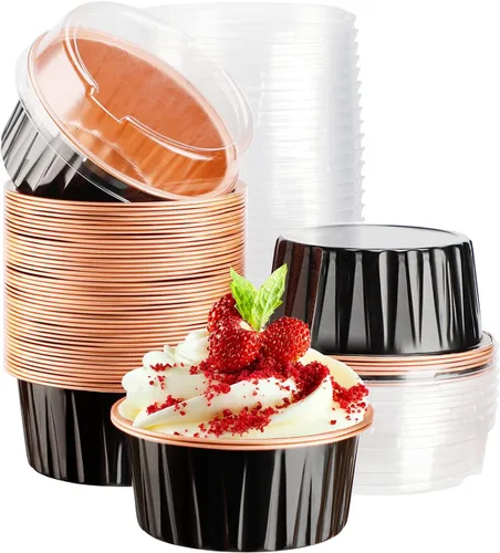 Miniatura 21 de EUSOAR Moldes de aluminio para magdalenas de varios colores, moldes de aluminio de 5 onzas para hornear, recipientes de postre con tapas, tazas de 5