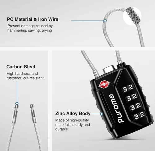 Miniatura 5 de Puroma Paquete de 2 cerraduras de equipaje aprobadas por la TSA, cerradura de viaje con combinación de 4 dígitos con cuerpo de aleación de zinc