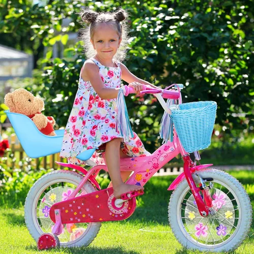Miniatura 6 de Aurelema Asiento de bicicleta de muñeca con 30 calcomanías de calcomanías, cesta de bicicleta para niños, manillar de bicicleta, cintas coloridas