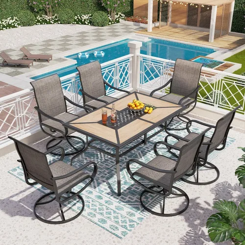 Miniatura 13 de PHI VILLA Juego de comedor de patio de 5 piezas con 4 sillas de comedor giratorias para exteriores y 1 mesa de comedor redonda grande, silla de tela