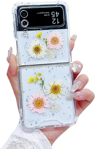 Miniatura 33 de Compatible con Samsung Galaxy Flip 4, funda transparente con flores secas prensadas, para mujeres y niñas, TPU suave a prueba de golpes, funda