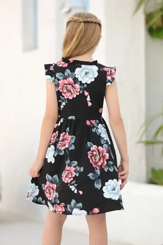 Miniatura 2 de GORLYA Vestido midi vintage para niña de 4 a 12 años con estampado floral y volantes, manga con volantes y bolsillos