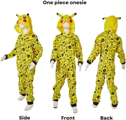 Miniatura 4 de Pokemon Pijama de una pieza para niños, disfraz de Pikachu con capucha o para dormir con cremallera frontal, tallas 4-10, Multi