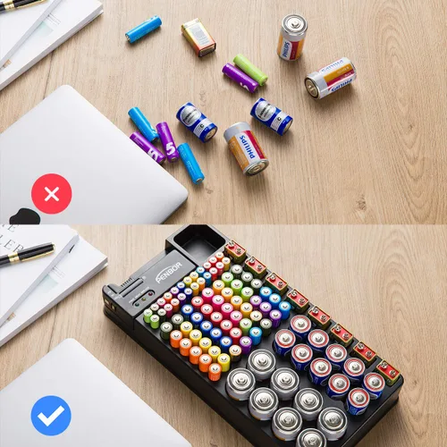 Miniatura 6 de Estuche organizador de baterías sin cierre de tapa, probador de baterías portátil, ranura de tamaño justo con diseño montado en la pared, capacidad