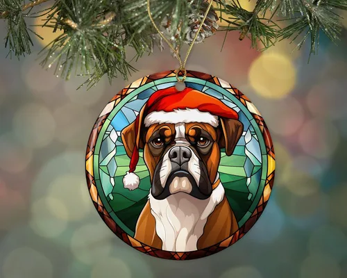 Boxer - Adorno de cerámica con vitrales de Navidad, adorno colgante para árbol de Navidad, adorno de vitral de perro, adorno religioso para