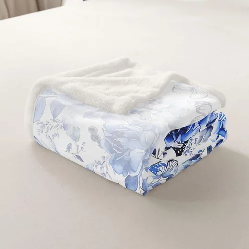 Miniatura 5 de Homewish Manta de cama con estampado de flores, manta de porcelana azul y blanca para niños y niños, manta sherpa de poliéster ligera con estampado