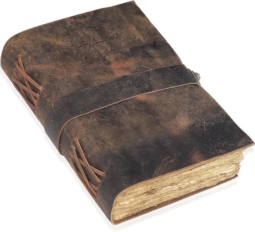 cuero Diario de cuero vintage con brújula – Diario antiguo hecho a mano con cerradura de cuero encuadernado con papel de borde de cubierta para