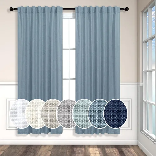 Miniatura 20 de Cortinas de lino azul de 84 pulgadas de largo para sala de estar; juego de 2 paneles con lengüeta trasera; cortinas con dobladillo para barra; Azul