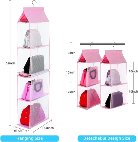 Miniatura 3 de KEEPJOY Organizador de bolso para armario, organizador de bolso colgante con 4 estantes de malla de alta resistencia (rosa)