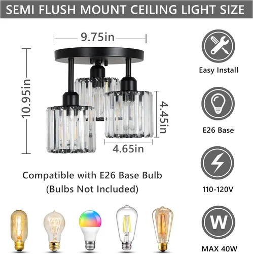 Miniatura 6 de PAUFUL Lámpara de Techo Semiempotrada de Cristal, Lámparas de Techo Modernas de 3 Luces Cerca del Techo, Lámparas de Cocina Negras con Pantalla