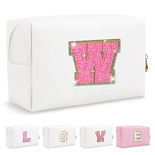 Miniatura 435 de Pequeña bolsa de maquillaje personalizada con inicial A-Z Preppy Patch, bolsa de cosméticos de viaje de felpilla blanca con cremallera, bonita bolsa
