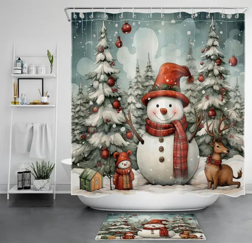 Miniatura 39 de EOBTAIN Cortina de ducha de hojas verdes de Navidad para baño, ramas de piña y abeto con bayas rojas sobre negro, cortina de ducha con 12 ganchos