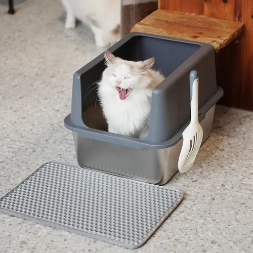 Miniatura 8 de Caja de arena para gatos de acero inoxidable, bandeja de arena de metal cubierta, bandejas de arena para gatos con lados altos, caja de arena
