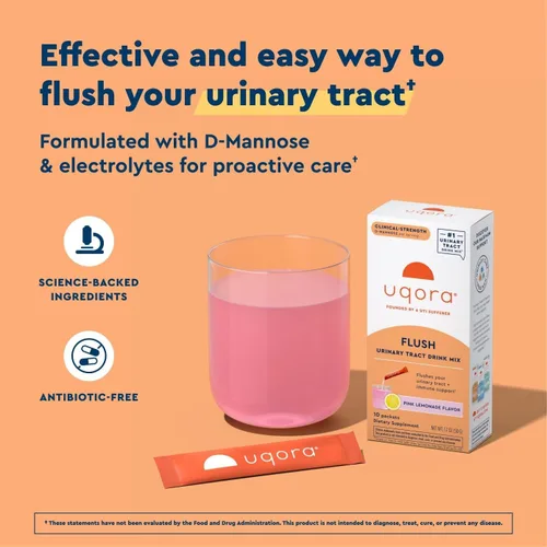Miniatura 2 de Uqora Flush - Tracto urinario* con D-manosa, vitamina C, vitamina B6, potasio, magnesio y calcio - Sin gluten y vegano - Sabor a limonada rosa - 10