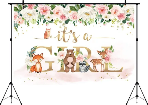 Miniatura 2 de Fondo para baby shower, con texto en inglés "It's a Girl", animales de la selva, 5 x 3 pies, acuarela, flores rosas, flores, fondo para fotografía