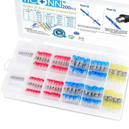 TICONN 200 conectores de alambre con sello de soldadura, conectores a tope termorretráctiles, terminales de cable eléctrico impermeables y aislados,