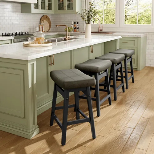 Miniatura 8 de MAISON ARTS Juego de 4 taburetes de bar grises para encimera de cocina, patas de madera maciza con asiento de silla de montar de piel sintética
