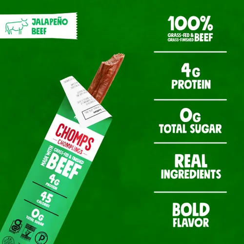 Miniatura 3 de Chomps Palitos de Carne Seca de Res con Jalapeño de Ganado Alimentado con Pasto y Terminado Tamaño Snack 0.5oz Paquete de 24 - Keto, Paleo, Whole30