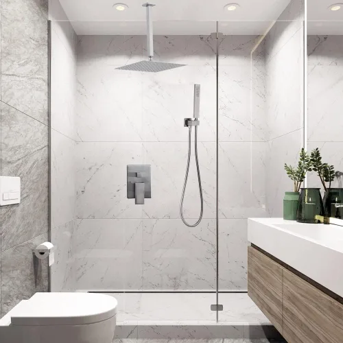 Miniatura 2 de Sistema de ducha de níquel cepillado para baño de 12 pulgadas, cabezal de ducha de lluvia, montaje en techo con juego combinado de ducha de mano