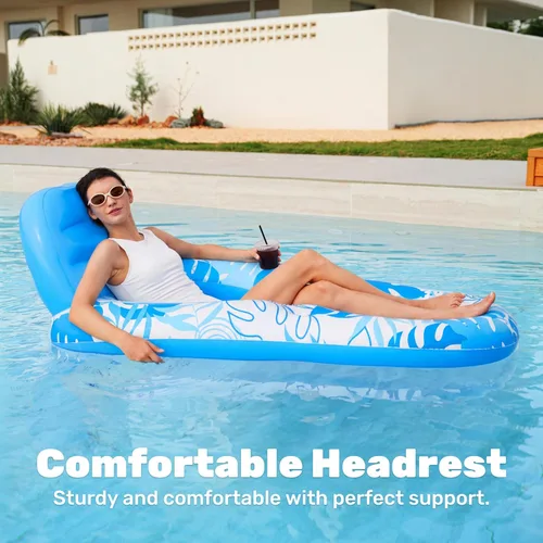 Miniatura 6 de Sloosh Flotadores inflables para piscina, tumbona para adultos, flotador de piscina flotante, silla reclinable flotante con portavasos y reposapiés