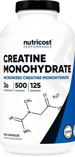 Nutricost Monohidrato de creatina 3,000 mg 500 cápsulas, 125 porciones, 750 mg de monohidrato de creatina por cápsula