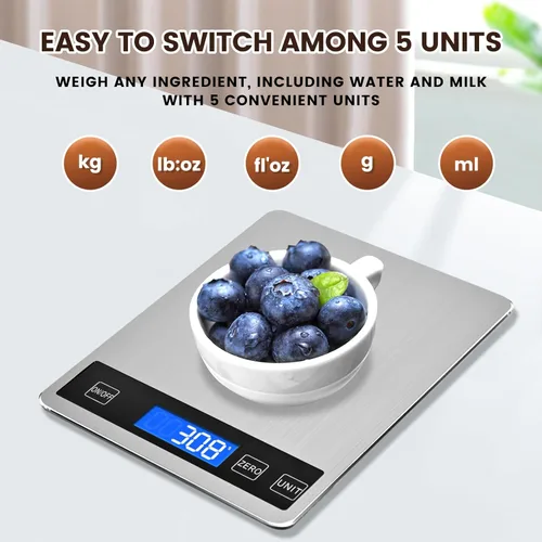 Miniatura 8 de Báscula de alimentos de 33 libras, báscula digital de cocina con baterías y carga USB, graduación precisa de 1g/0.05oz, acero inoxidable impermeable