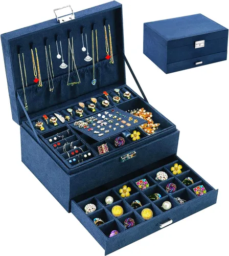 Joyeros para mujer, organizador de joyas de terciopelo azul marino con cerradura, organizadores de joyas para adolescentes, organizador de joyas