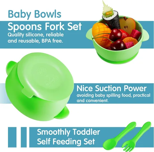 Miniatura 4 de CHENGU 12 piezas Juego de tazones de silicona con ventosa para bebé y niño pequeño con plato de succión, cuchara y tenedor, juego de utensilios
