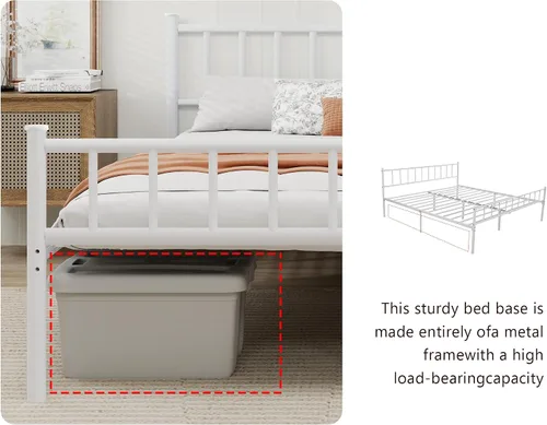 Miniatura 4 de Marco de cama de plataforma de metal individual con cabecero, soporte de listones de acero resistente, no necesita somier, fácil montaje, blanco