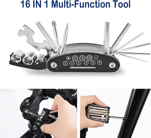 Miniatura 5 de Kit de herramientas de reparación de bicicletas con mini bomba de bicicleta, bolsa de sillín de bicicleta con luz trasera, multiherramienta