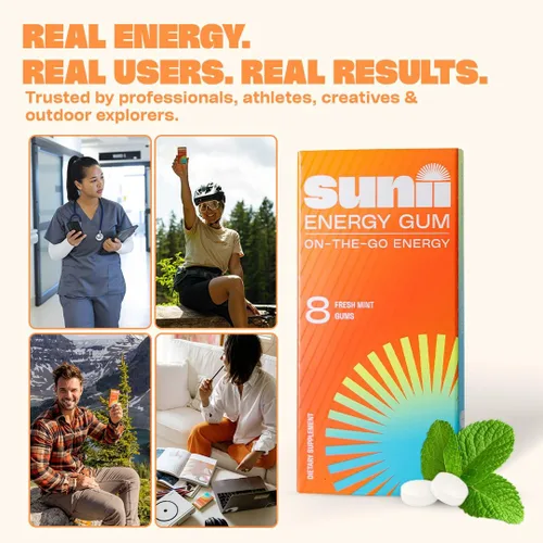 Miniatura 6 de Sunii - Goma de Mascar Energética - Impulso Rápido de Energía y Enfoque - Goma de Mascar con 50mg de Cafeína, Sabor a Menta Fresca - Vitaminas B6