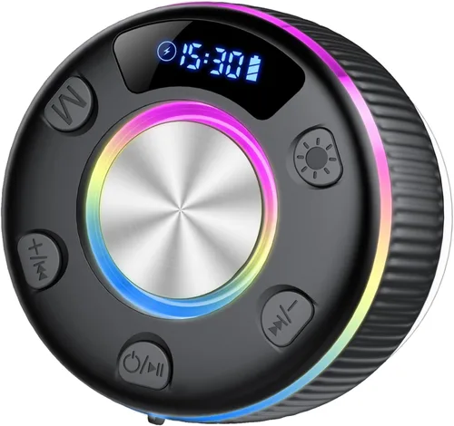 Miniatura 11 de Altavoz de ducha Bluetooth, IP7 impermeable, portátil, Bluetooth 5.3 con ventosa, mini altavoz inalámbrico con luces RGB, pantalla de tiempo, sonido