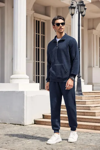 Miniatura 9 de COOFANDY Conjunto deportivo de 2 piezas para hombre, ajuste relajado, con media cremallera, para correr