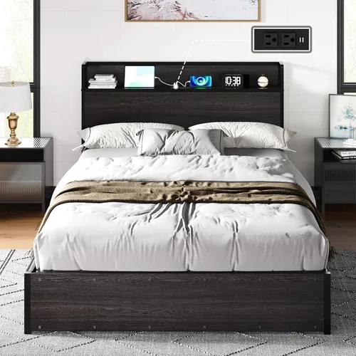 Miniatura 7 de AMERLIFE Marco de Cama de Almacenamiento Elevable Tamaño Completo, Marco de Cama de Plataforma de Madera con Almacenamiento Elevable y Estación