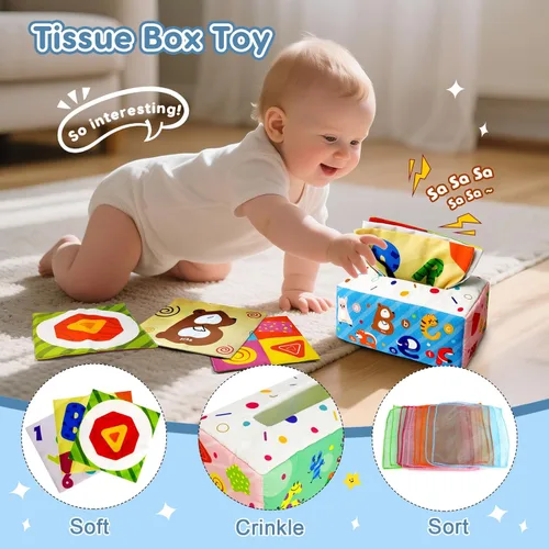 Miniatura 7 de Juguetes Montessori 6 en 1 para bebés de 6 a 12 meses — Juguete de cuerda de jalar, cubo sensorial, tazas apilables, caja de pañuelos, girador